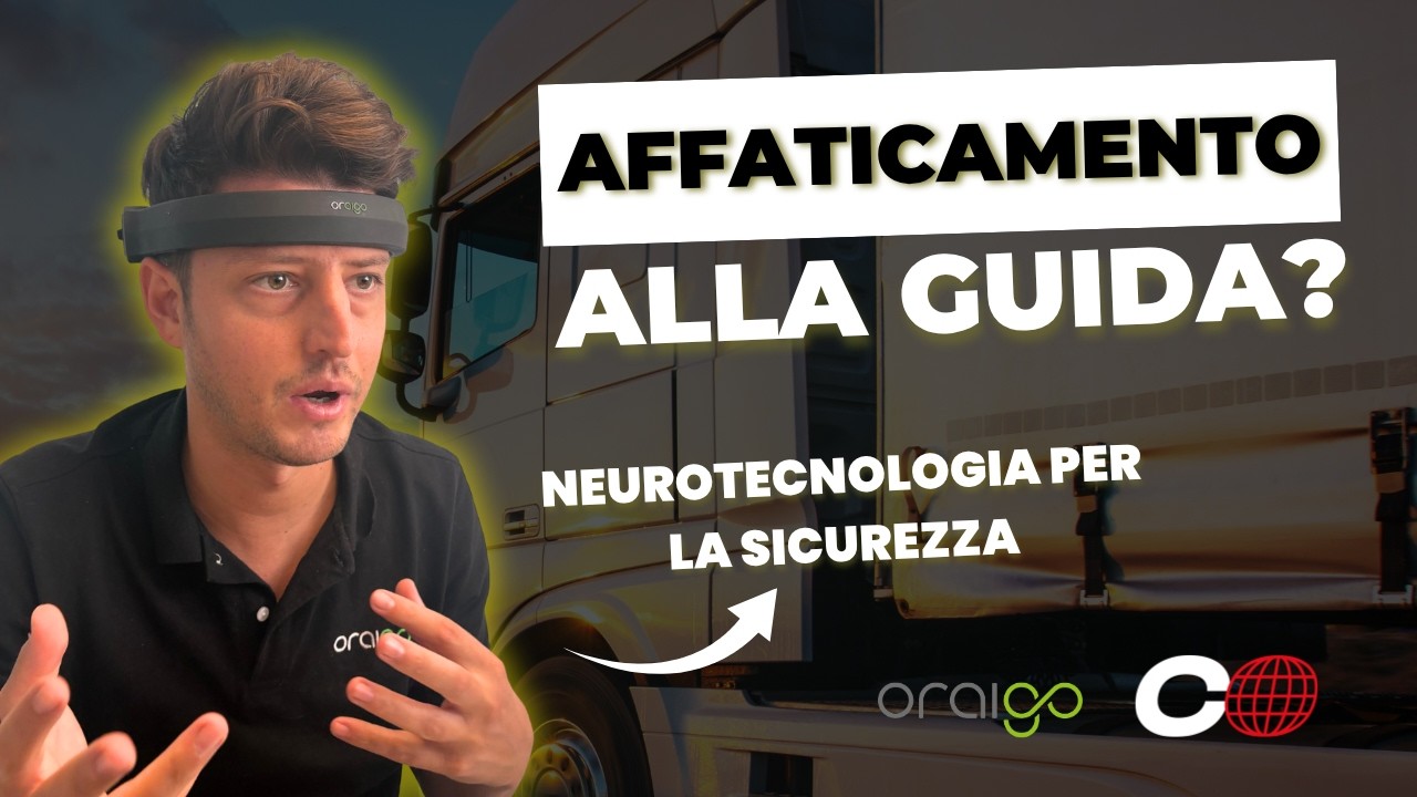 Autista con fascia EEG Aigo di Oraigo davanti a un camion: affaticamento alla guida e sicurezza stradale
